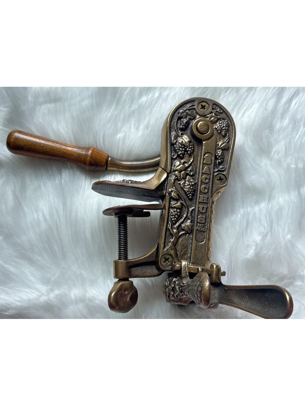 Vintage Bacchus Ornate Brass Wine Bottle Opener Table Vise Mount Corkscrew Italy